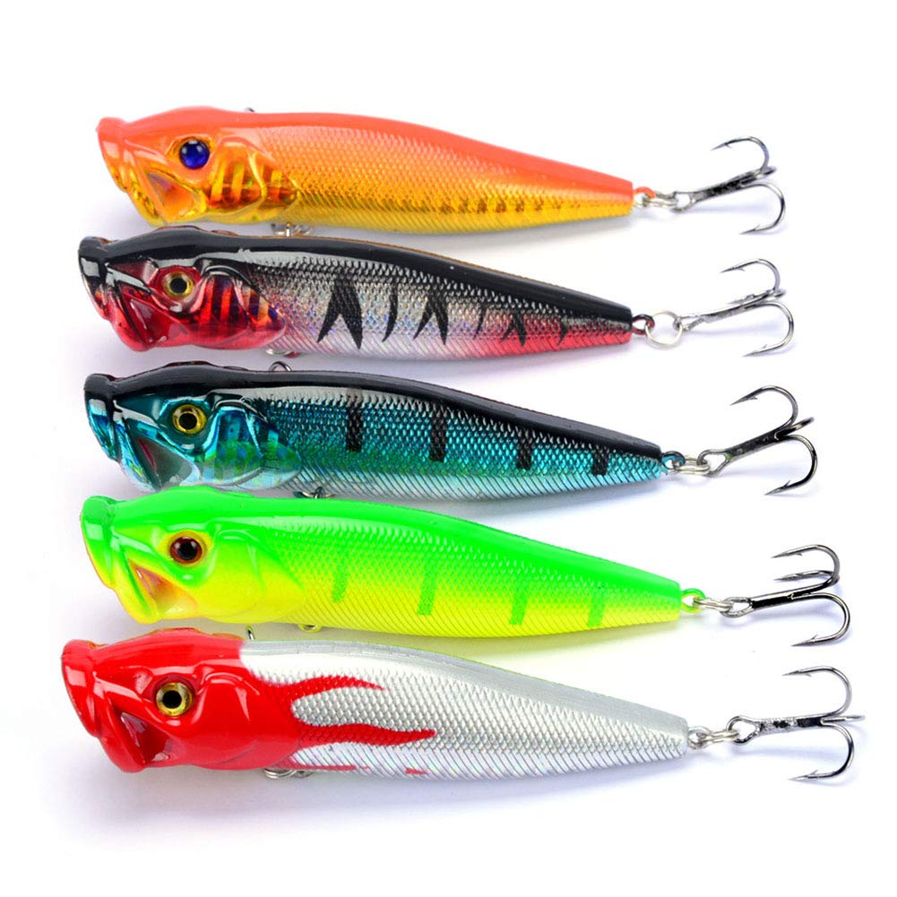 SunMine 5pcs Fishing Bass Lures Popper Lure Shallow Swimbait Crankbait with Treble Hook 3D Fishing Eyes for Bass Trout Freshwater and Saltwater