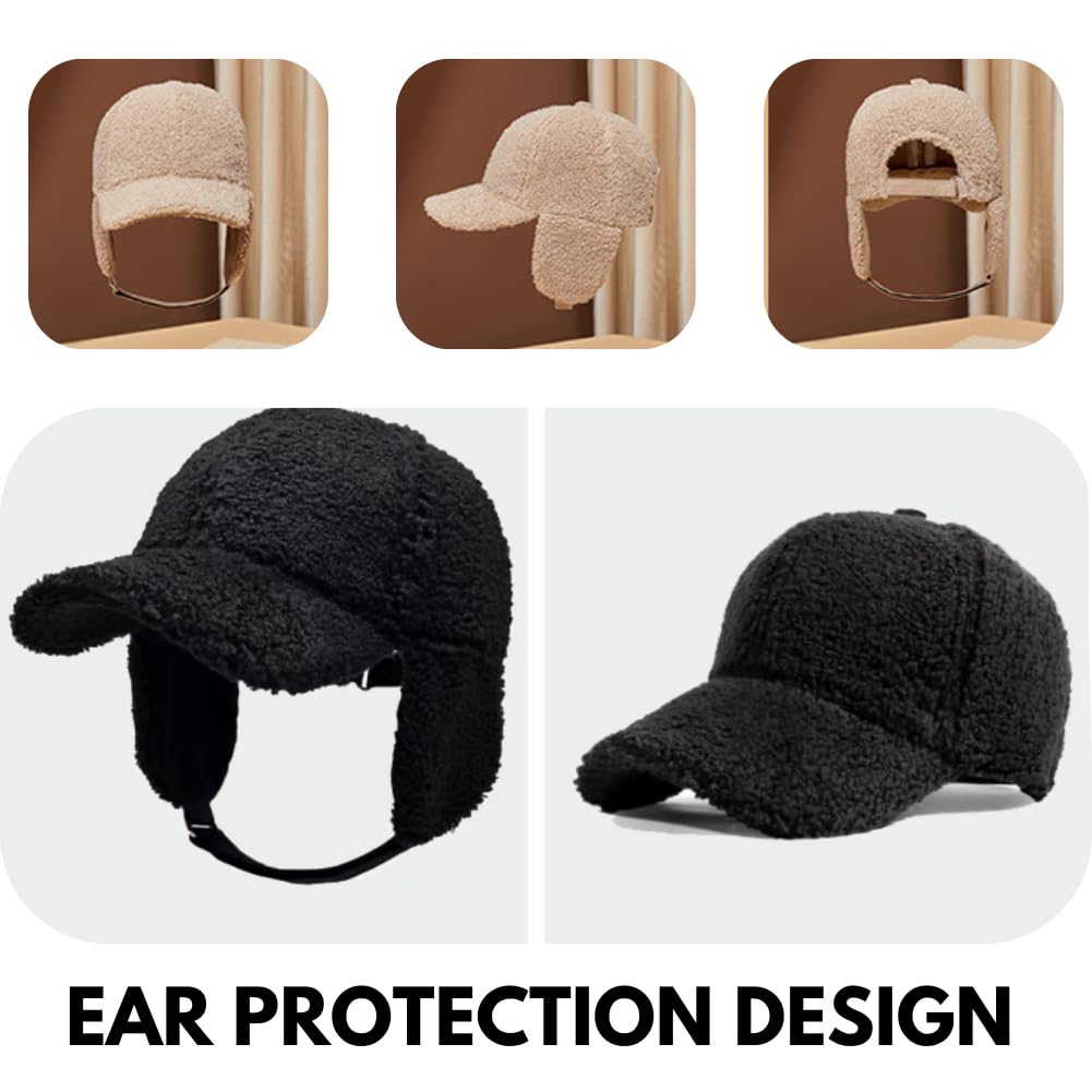 Sherpa Fleece Baseball Cap with Earflaps, Warm Fuzzy Winter Hat Adjustable for Men and Women Outdoor Travel (US, Alpha, One Size, Black)