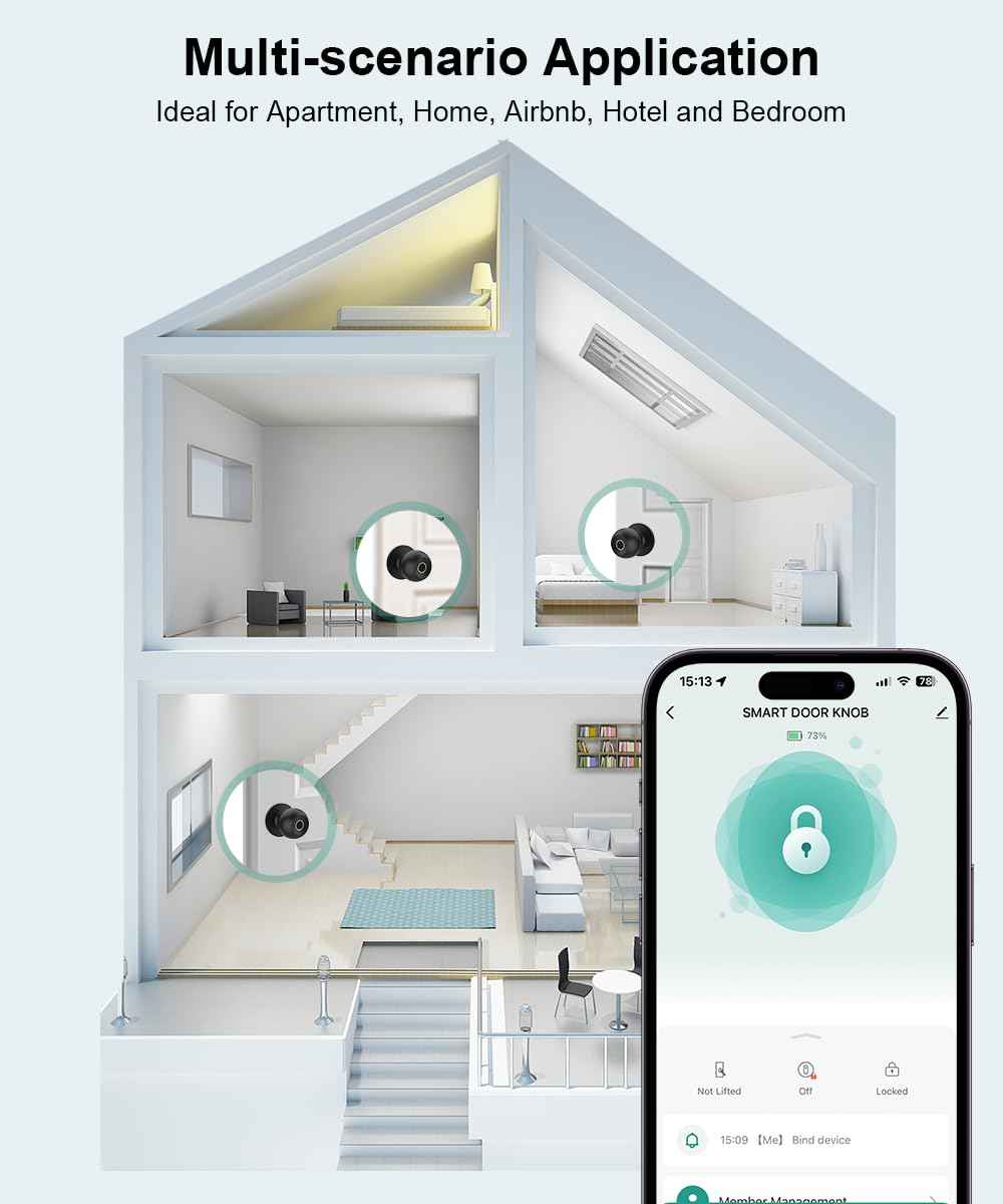 Fingerprint Door Lock, Smart Fingerprint Door Knob with Lock, Biometric Door Locks with App Control & Key, Keyless Thumbprint Entry Door Locks for Bedroom, Front Door,Home,Office-2 Pcs-Polished Black