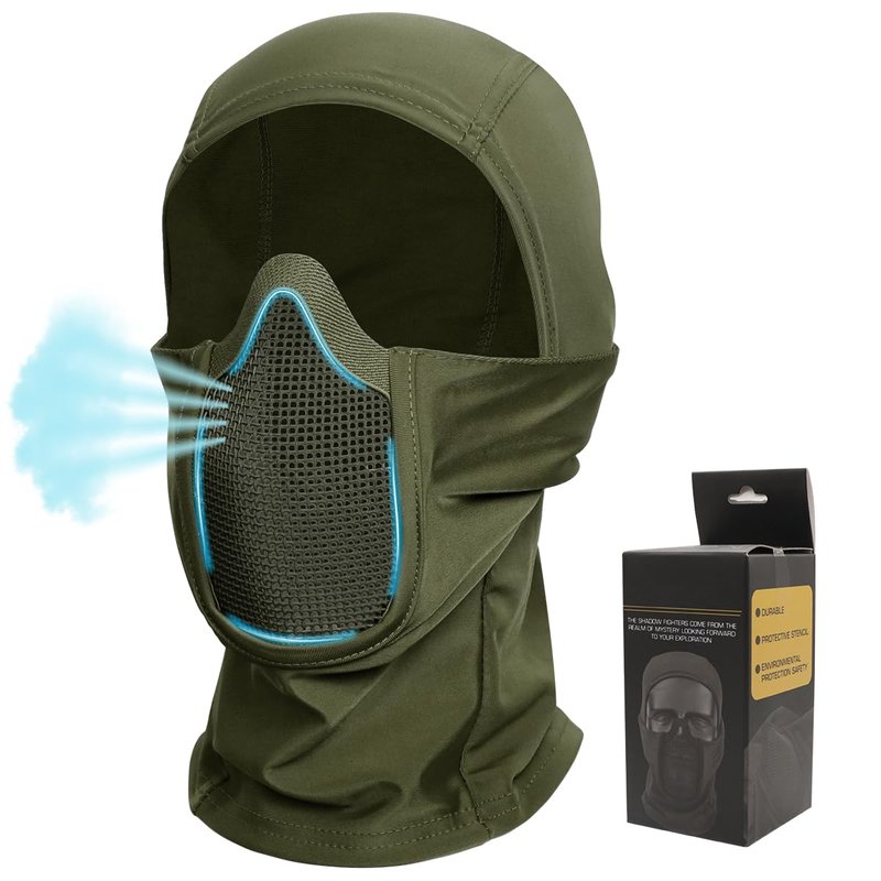 Qavctw Tactical Balaclava Mask Full Face Airsoft Mask with Mesh Mouth Guard Lightweight Breathable for Airsoft Motorcycle Snowboarding Outdoor Sports Green