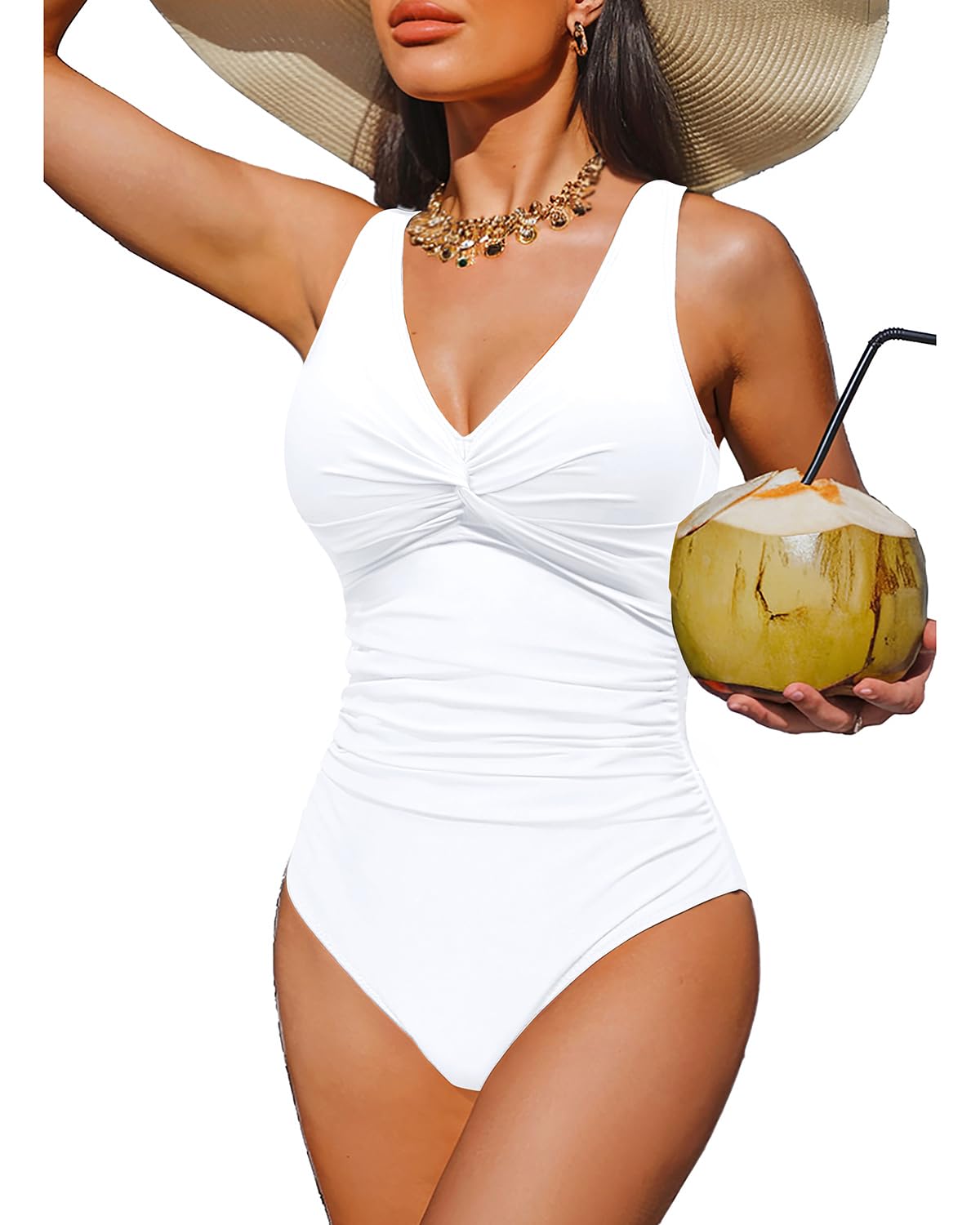 Holipick White Women Tummy Control One Piece Swimsuit - Push Up Bathing Suit Full Coverage Slimming Swimwear XXL