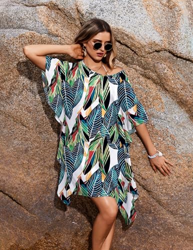 Floral Chiffon Swimsuit Coverup - Leaf Green, X-Large