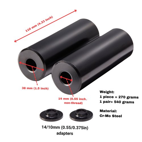 Juscycling Cr-Mo Steel BMX Pegs, Non-Threaded Grinding Pegs, 110mm Length, 38mm Diameter, 14mm Axle Hole with 3/8" Adapter, (Black)