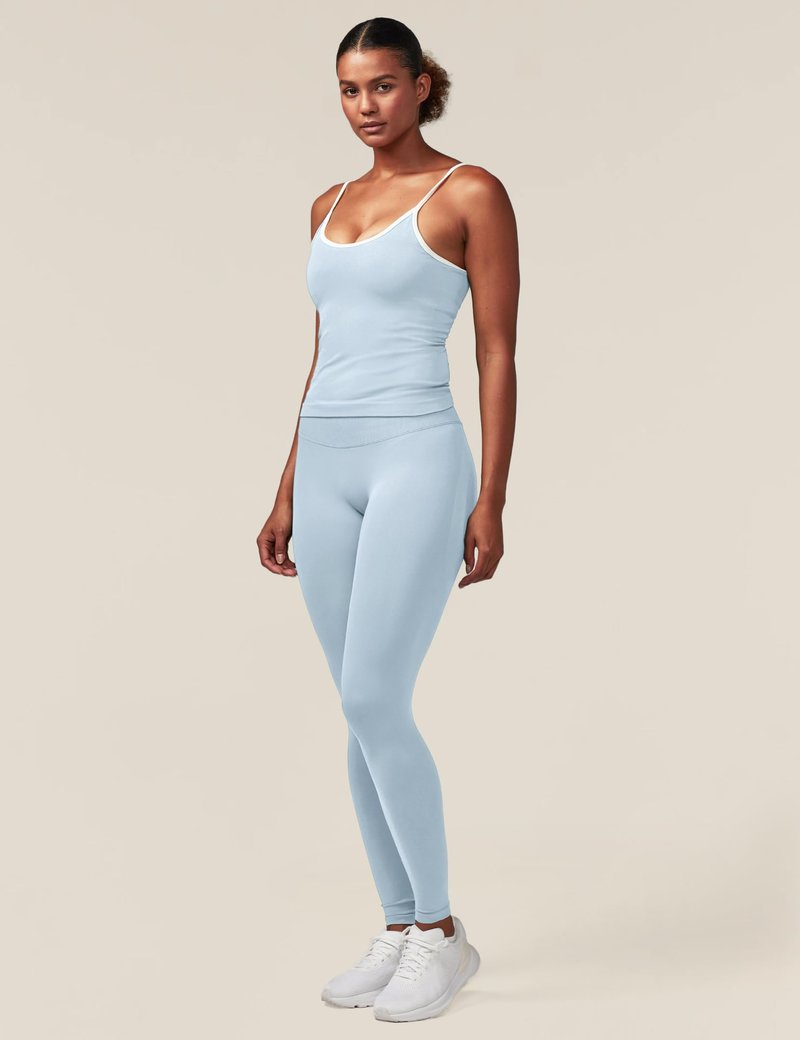 Ouber Women's Strappy Gym Tank Top with Padded Longline Sports Bra – Seamless Bodybuilding Fitness Top Baby Blue，L