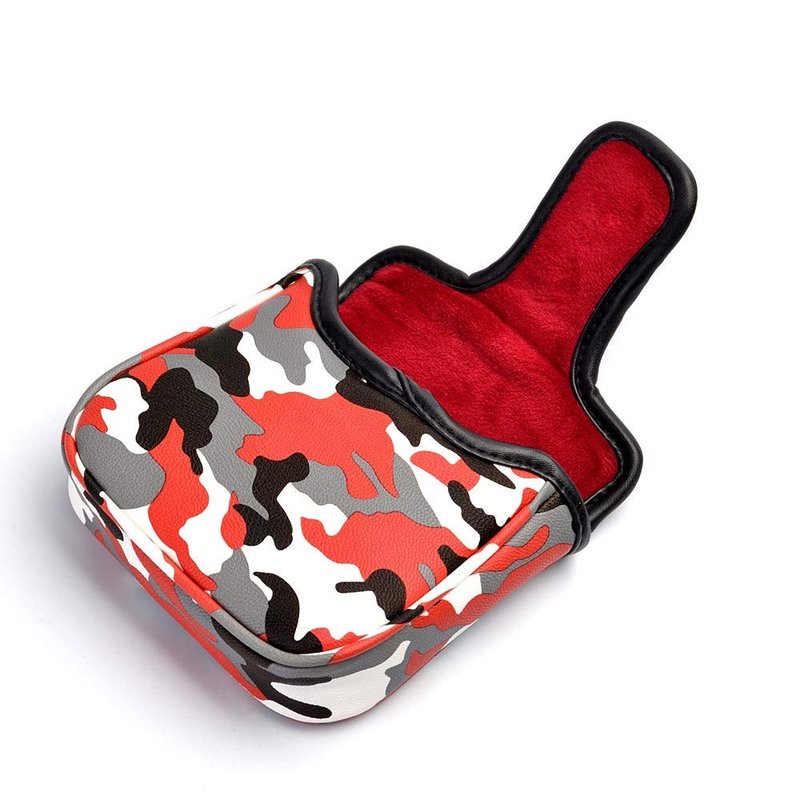 PLUSKER Golf Heel Shafted Camo Square Mallet Putter Cover Magnetic Closure with Red Camouflage Pattern Golf Club Putters Headcover