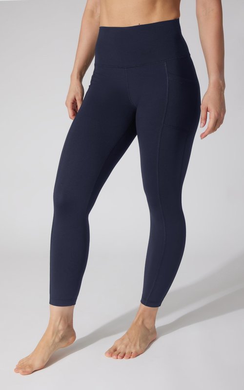90 Degree By Reflex Womens High Waist Elastic Free Ankle Length Wonderlink Leggings with Side Pockets | Deep Abyss | Medium