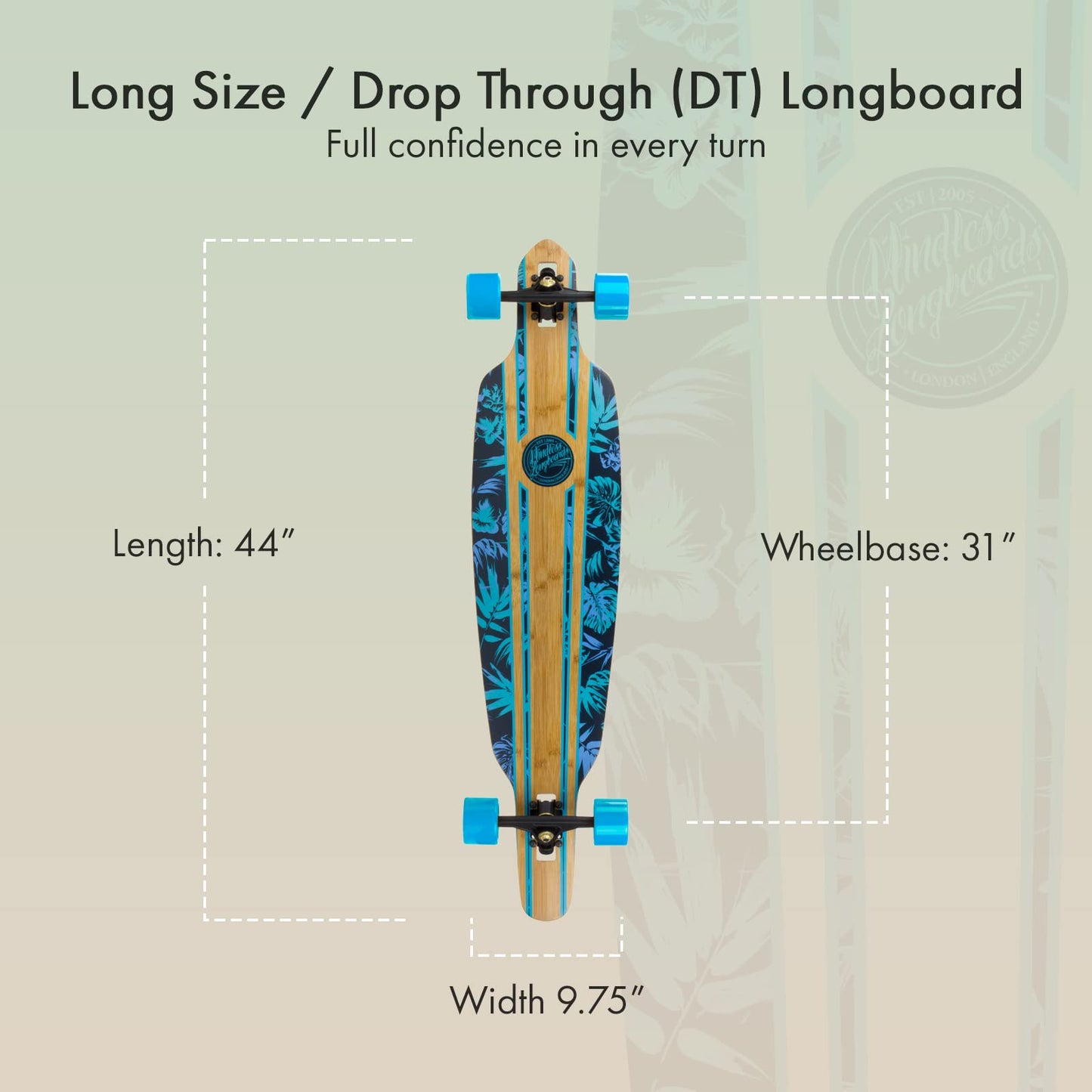 Mindless Maverick IV DT Talisman Blue & Floral | 46” Drop Through Longboard 6 Ply Canadian Maple and 1 Bottom Ply Smoked Bamboo Responsive and Safe Ride | Complete Down Hill Type Board for Commuting