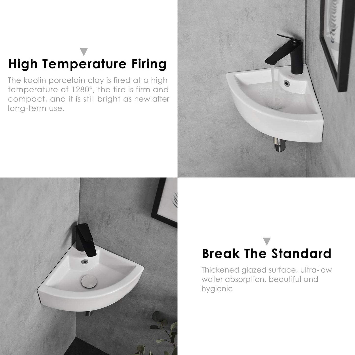 Davivy 18" x 13" Corner Bathroom Sink with Pop Up Drain and Installation Kit,Wall Mount Corner Sink,Ceramic Vessel Sink,Small Corner Sink,White Vessel Sinks,Small Vessel Sink for Bathrooms