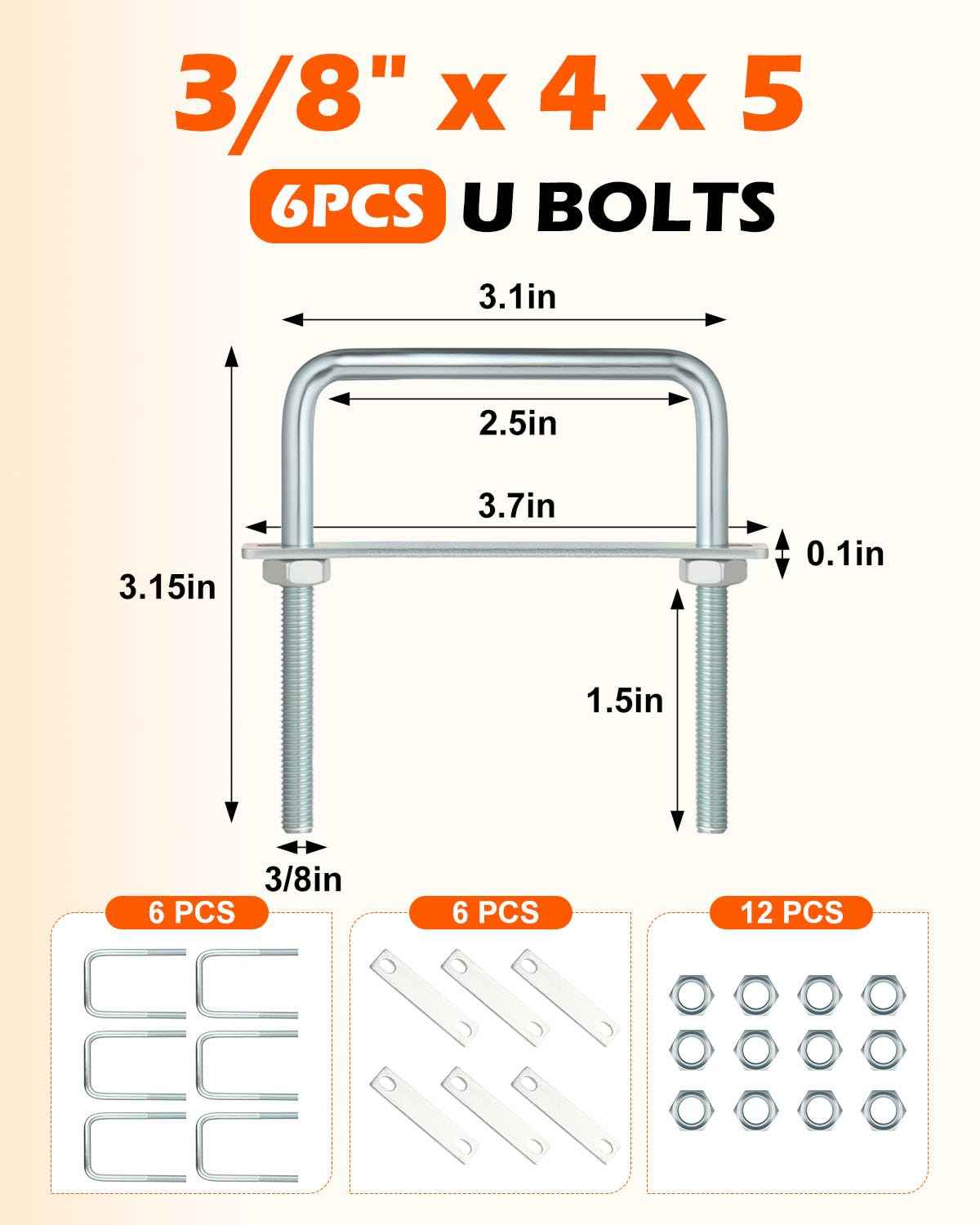 ZORUNNA Square U Bolts 4 inch Wide, 3/8" D x 4" W x 5" L Galvanized U-Bolts for Boat Trailer Tube, Rectangular Wood and Metal Objects (6 PCS)