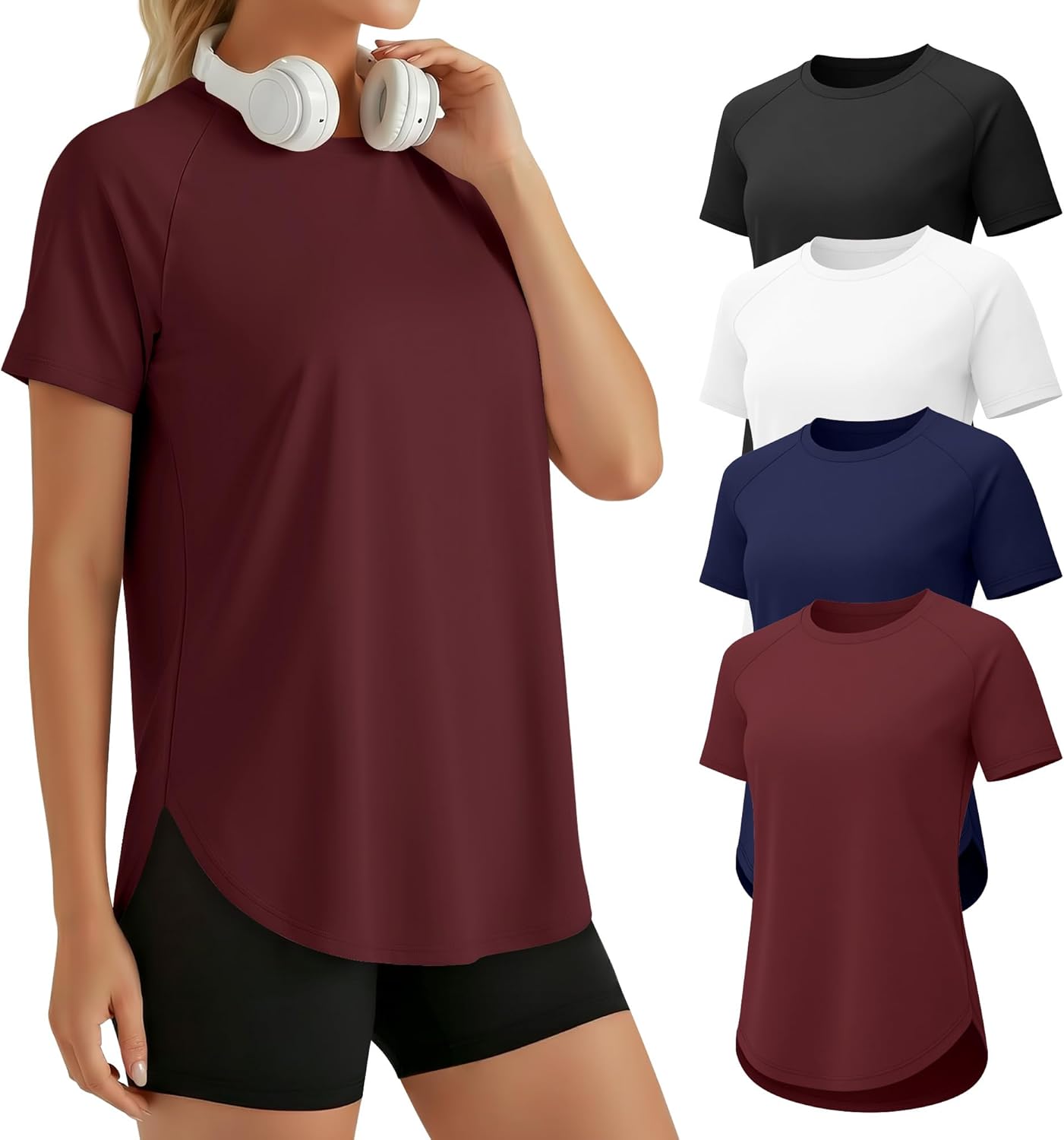 Skiennix Women's Workout Shirts - Quick Dry Raglan Athletic Tops | Short Sleeve Loose Fit Yoga Tees, 4 Pack