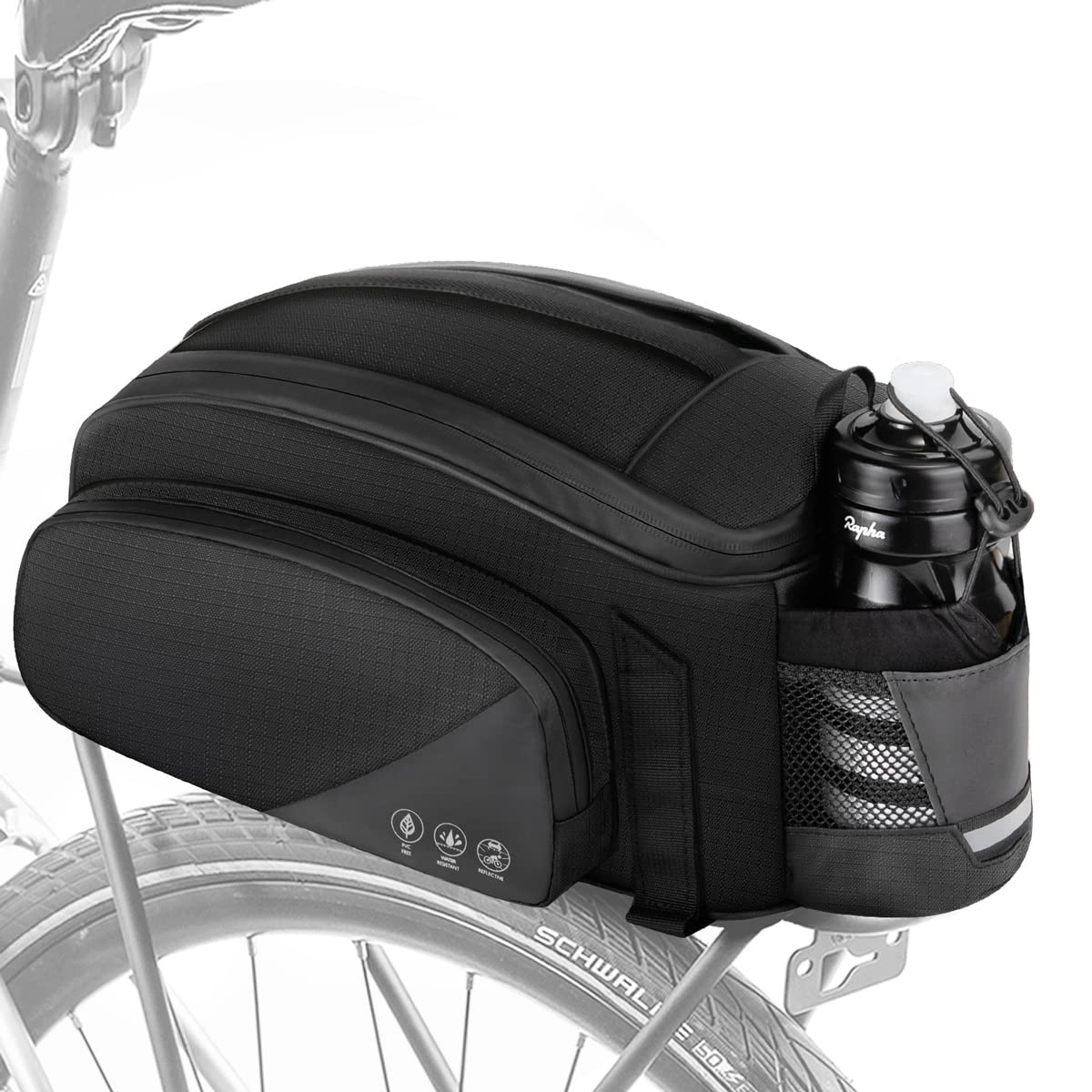WOTOW Rear Bike Rack Bag, 12L Waterproof Reflective Bike Ebike Saddle Trunk Bag, Bicycle Panniers Rear Basket Storage Bag with Water Bottle Holder Shoulder Strap for MTB E Bike Commuter Travel