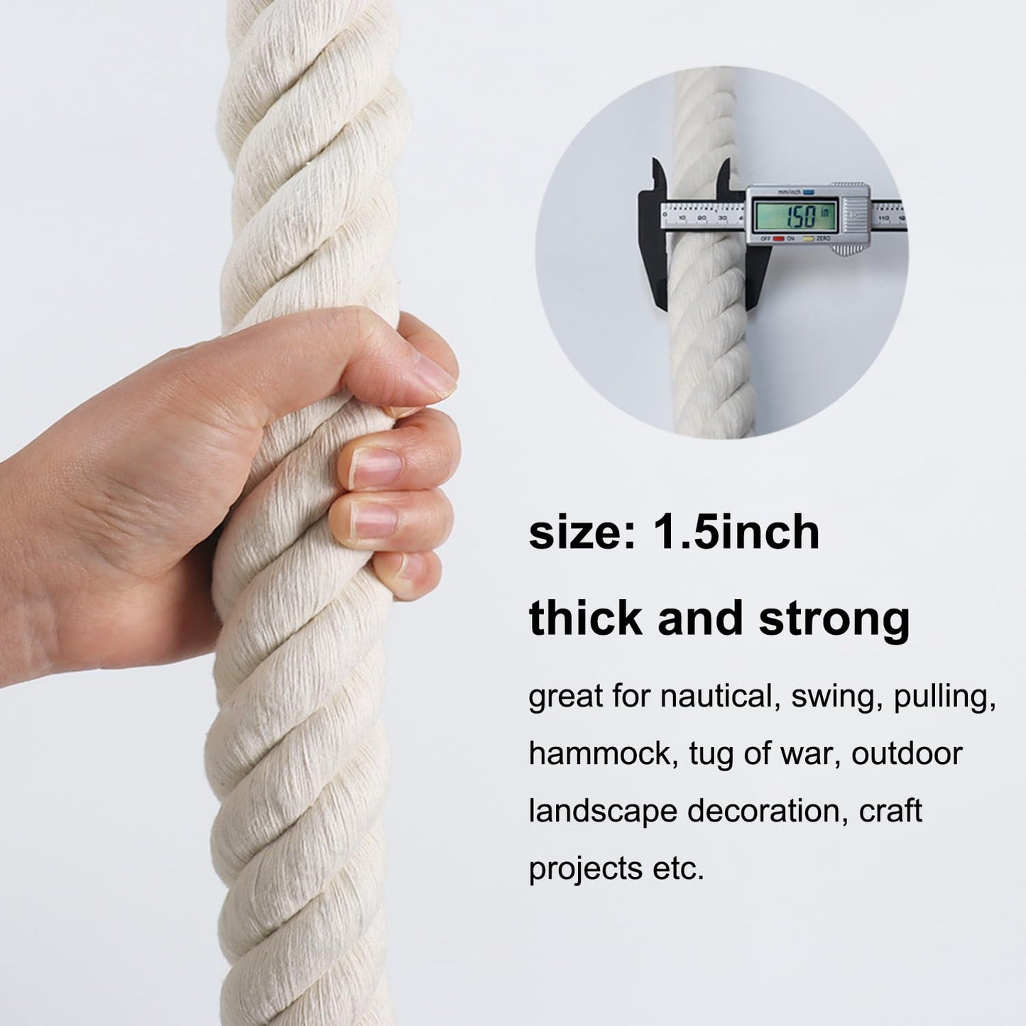 Twisted Cotton Rope (1.5 inch x 50 feet) Natural White Rope for Nautical, Tug of War, Climbing, Hammock, Decorating