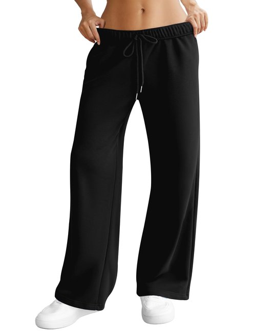 DLOODA Womens Wide Leg Sweatpants Interior Drawstring Baggy Sweat Pants with Pockets Elastic Waisted Lounge Casual Trousers Black