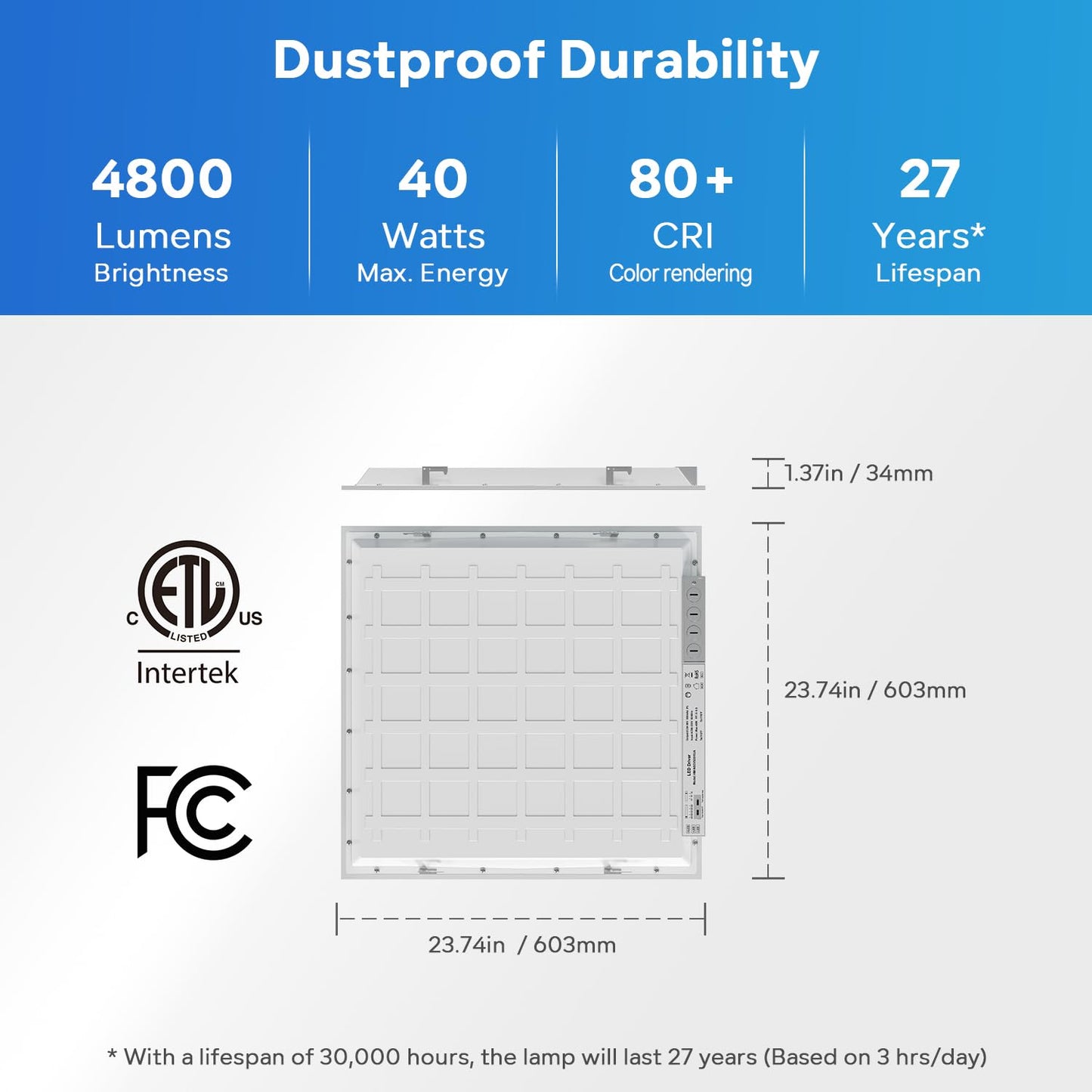 LVWIT 2x2FT LED Flat Panel Light for Drop Ceiling 2 Pack, 3000K/ 3500K/ 4100K/ 5000K/ 6500K 5CCT Selectable, 4800 Lumens Dimmable Drop Ceiling Lighting Fixture, 24W/ 30W/ 40W 3 Wattage