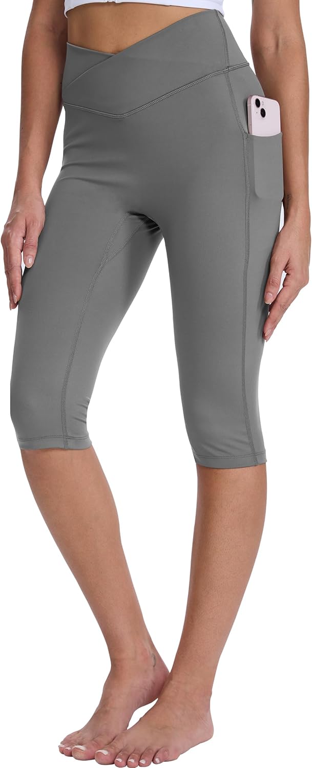 Skiennix Women's Knee-Length Capri Leggings - Stretchy Workout Pants with Pockets for Running & Casual Wear