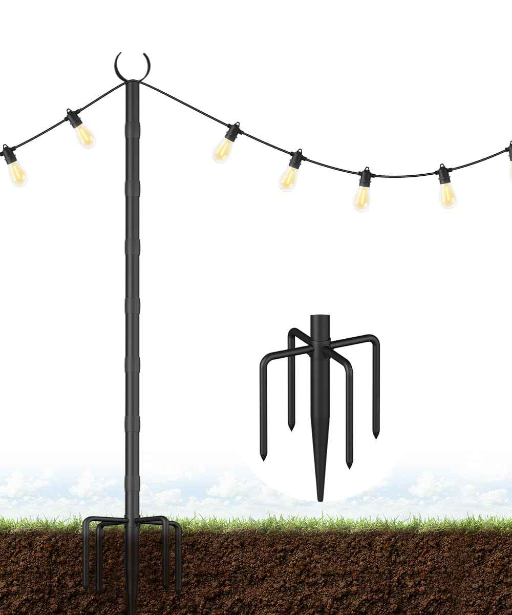 Tigerden 10Ft String Light Poles for Grass & Soil, Outdoor Light Stand with 5-Prong Fork Base, Heavy-Duty Metal Poles for Backyard, Garden & Patio Party Lighting, Rustproof & Adjustable