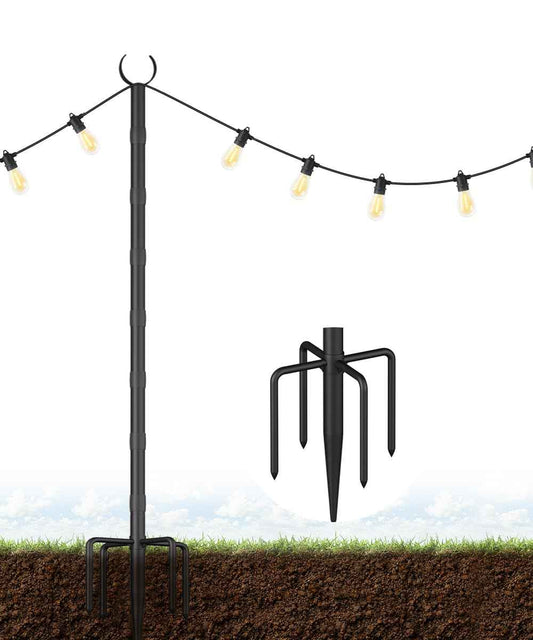Tigerden 10Ft String Light Poles for Grass & Soil, Outdoor Light Stand with 5-Prong Fork Base, Heavy-Duty Metal Poles for Backyard, Garden & Patio Party Lighting, Rustproof & Adjustable