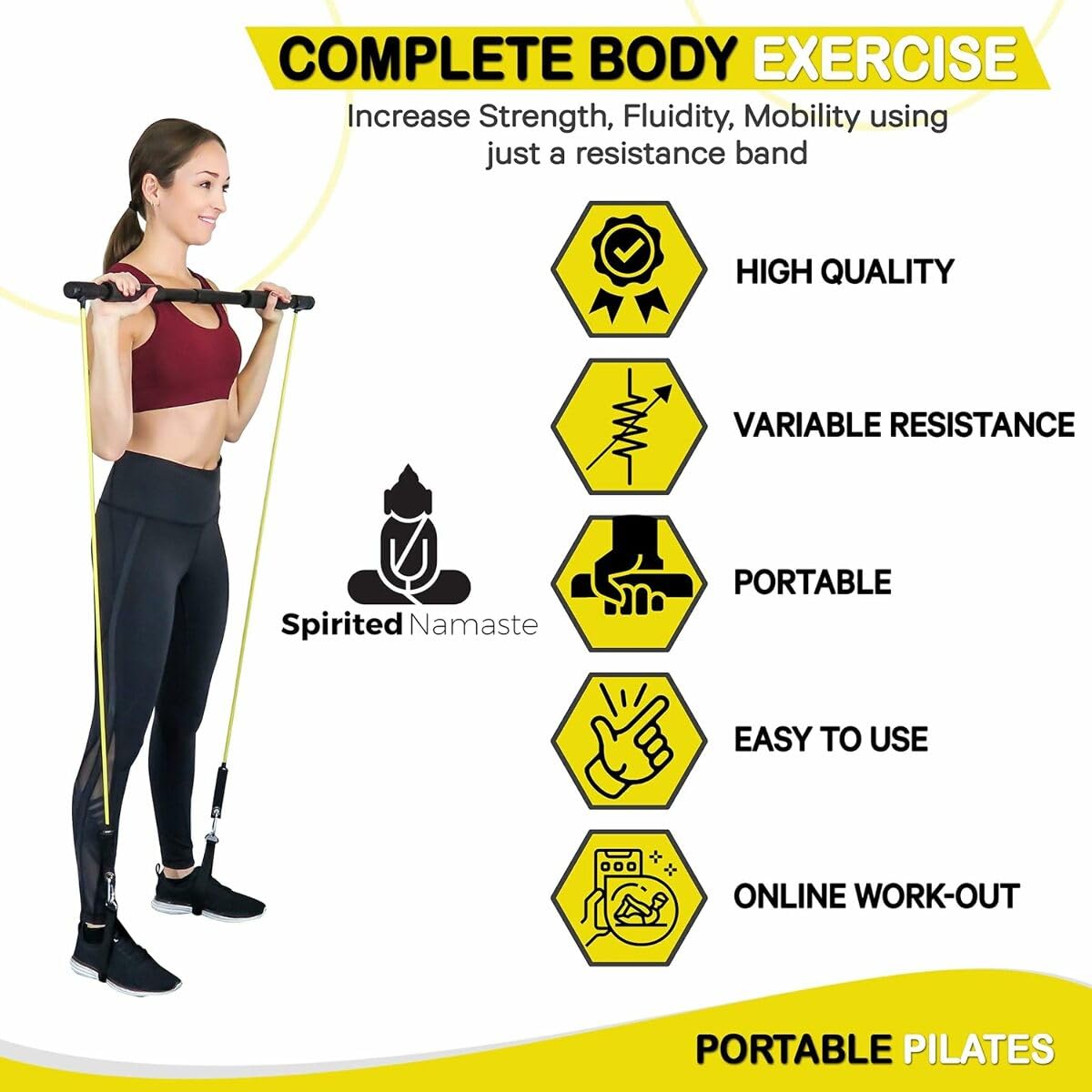Spirited Namaste-Pilates Bar Home Gym Workout Equipment Kit with Resistance Bands| Portable Exercise Fitness Bar/Stick for Women and Men | 20,30, & 40 lb Pilate Toning Adjustable Squat & Body Band
