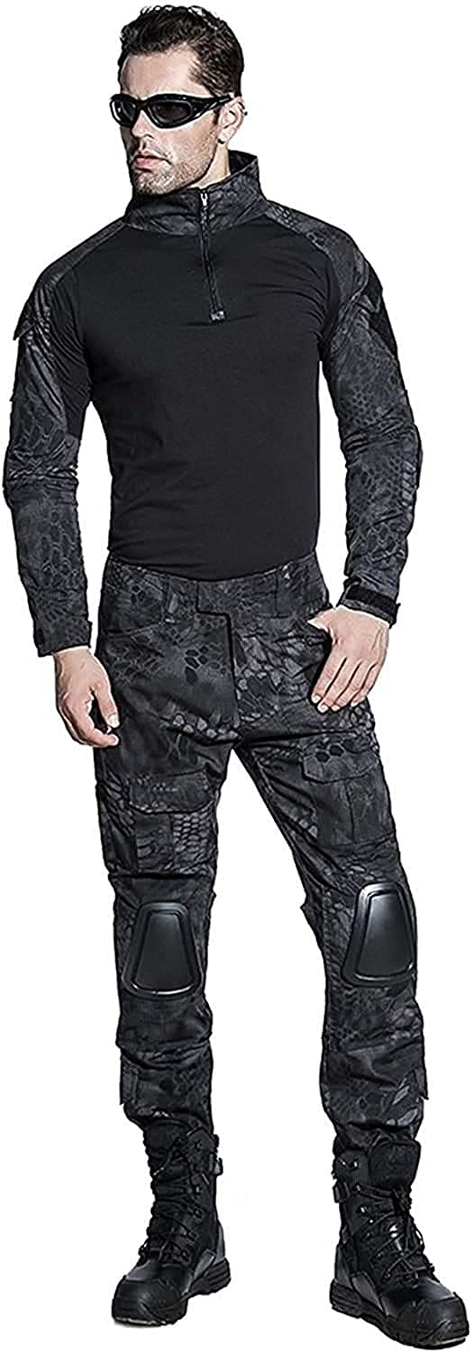 HARGLESMAN Men's Tactical Airsoft Long Sleeve Uniform Set Shirts Snug Fitting Top Shirt Practical Painting Ball Comfortable Breathable Soft Work Hiking Hunting Outdoor Suits Black Python XL