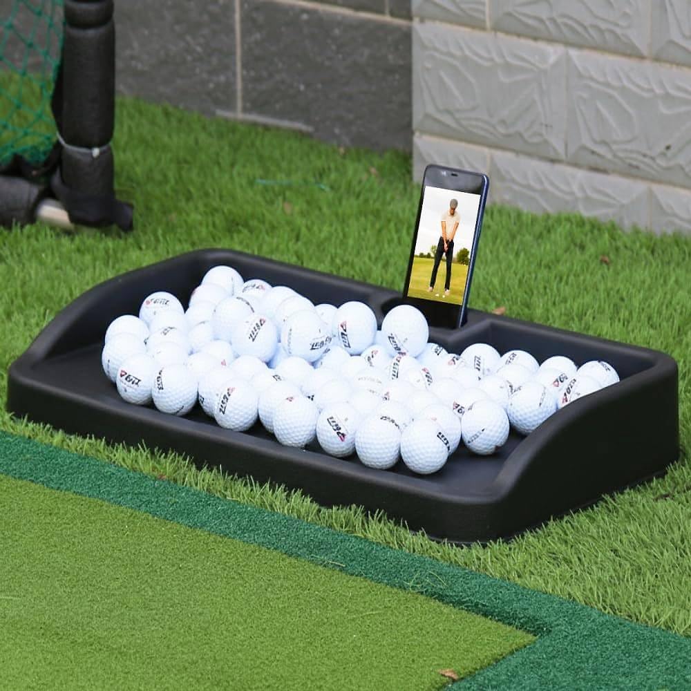Japard Golf Ball Tray with Built-in Phone Holder Large Capacity 100 Golf Ball Organizer, 23.2" Wide Simulator, Indoor Outdoor Training, Swing Recording Black