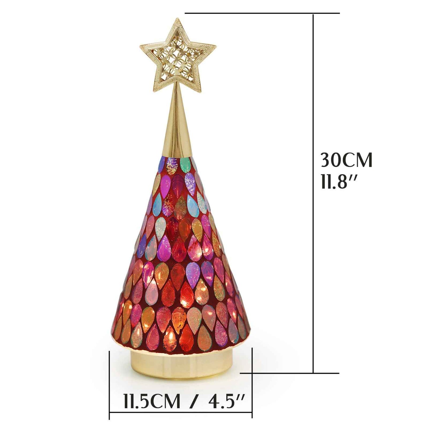 Small Red Glass Christmas Trees, 3 PCS Handmade Mosaic Glass Table top Christmas Trees with Light, Battery Operated Xmas Tree for Bedroom Decor 11"