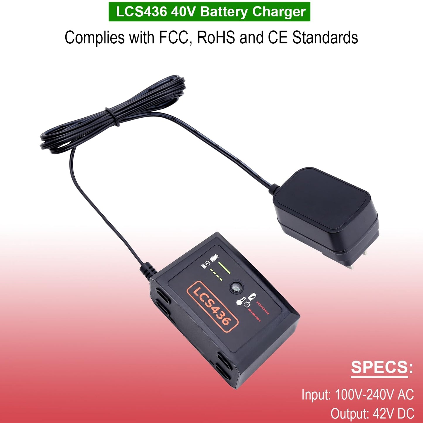 40 Volt Charger Compatible with Black & Decker 36V 40V MAX Battery LBXR36 LBXR2036 LBX1540 LBX2040 LBX2540, LCS436 Charger Compatible with Black and Decker 36V 40V Lithium Battery Charger LCS36 LCS40