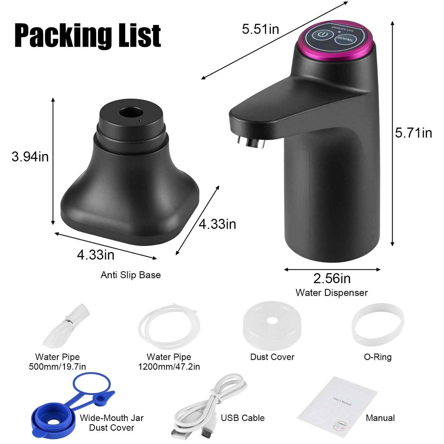 Water Pump for 5 Gallon Jug, Electric Water Dispenser for 5 Gallon Bottle, USB-C Rechargeable Portable Automatic Pump with Mobile Base for RV, Camping, Home, Office - Black