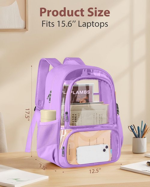 KIMNERPU Clear Backpack - Heavy-Duty Transparent Bookbag with Reinforced Straps | Large Capacity, Purple