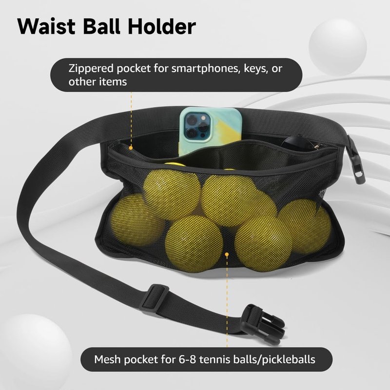 byepica Tennis Ball Holder Waist Bag – Pickleball & Sports Ball Carrier with Mesh & Zipper Pockets, Adjustable Belt for Men & Women, Holds 6–8 Balls