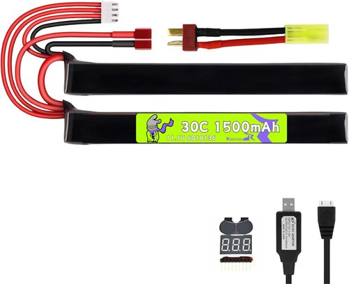 6018136 11.1V 1500mAh 30C T Plug Nunchuck Split Battery - Airsoft Toy Gun Charger & Mini Tamiya Cable