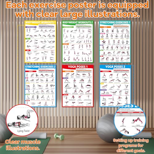 6-Piece Workout Poster Set - Yoga, Stretching & Bodyweight Exercises