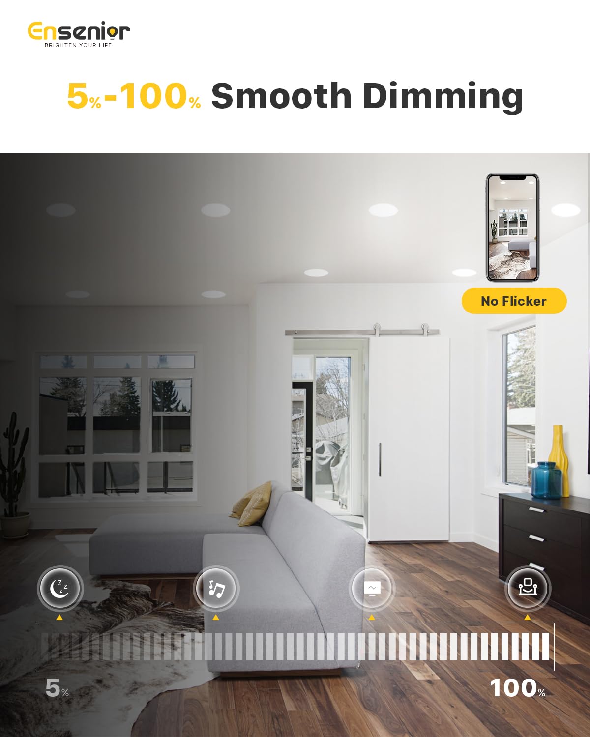 Ensenior 6 Pack 8 Inch LED Recessed Light, Dimmable, 2700K-5000K 5CCT, 1600LM High Brightness, 18W 120V, Damp Rated, Ultra-Thin Canless Wafer Light - ETL & FCC & IC