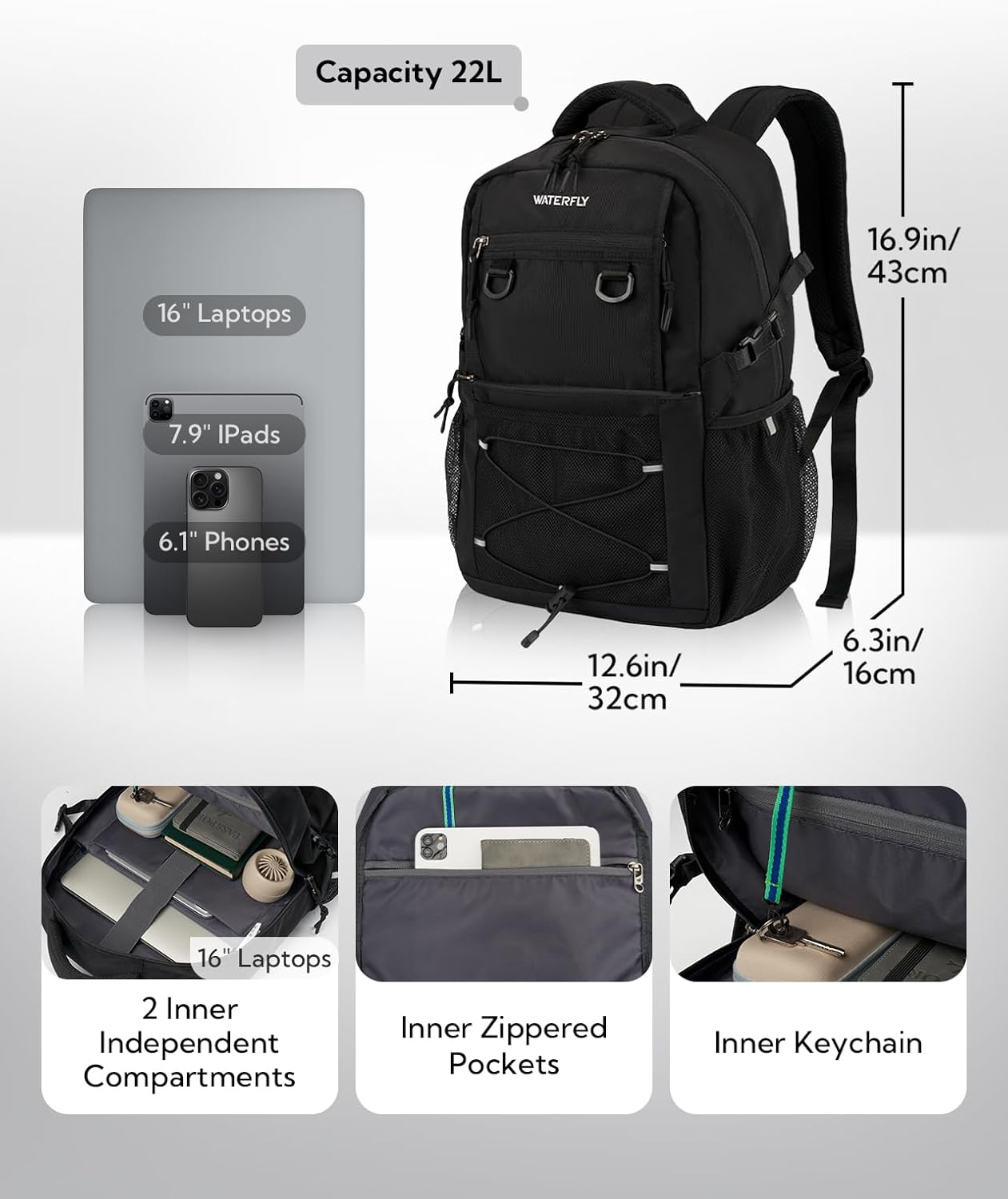 WATERFLY Lightweight 22L Travel Hiking Backpack - Versatile Casual Daypack for Men & Women