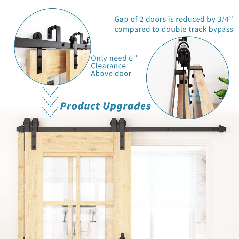 ZEKOO 5 FT Bypass Barn Door Hardware Kit, Single Track, Double Wooden Doors Use, Flat Track Roller, Low Ceiling (5 FT Single Track Bypass)