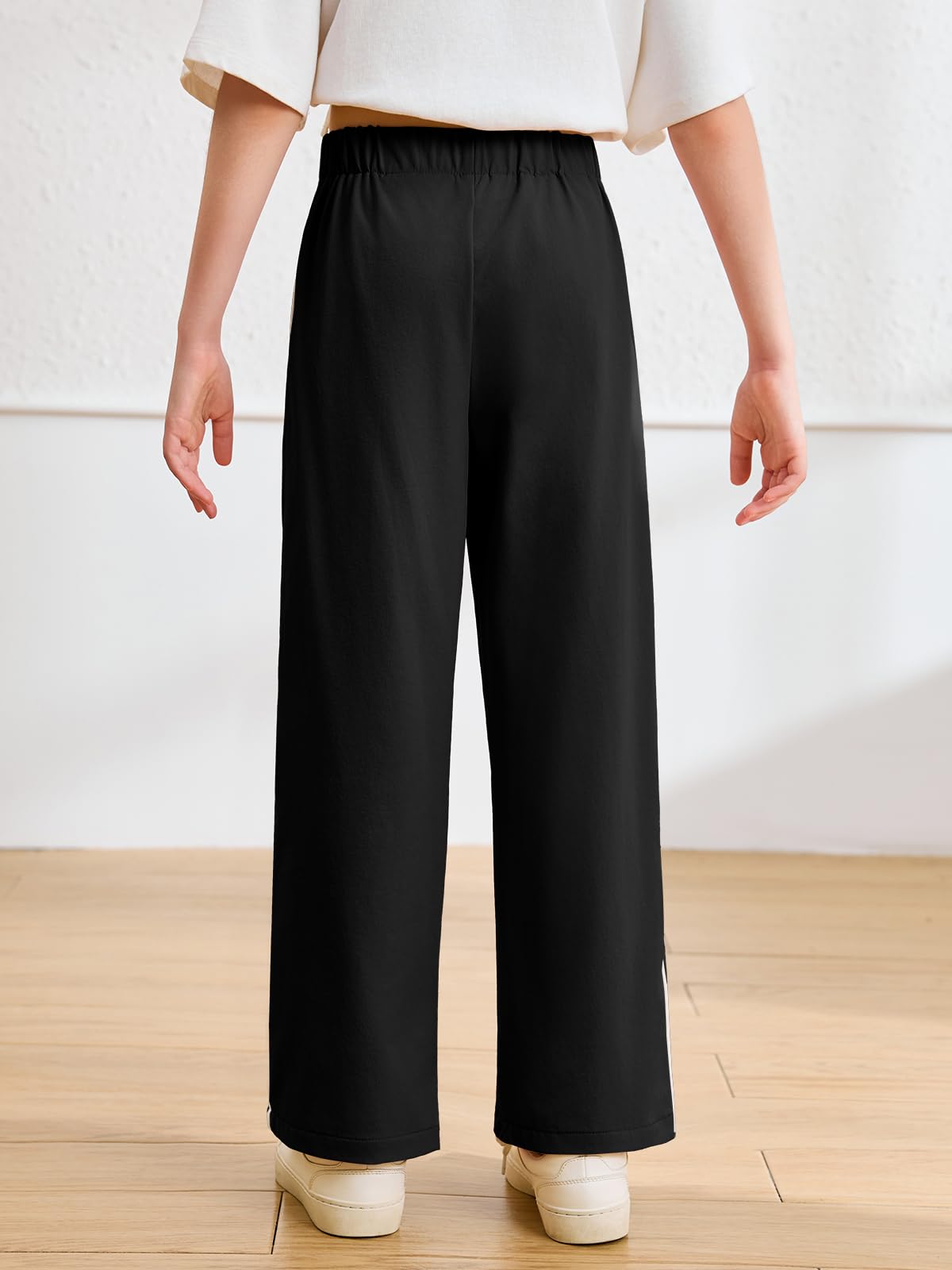 Haloumoning Girls Wide Leg Track Pants Kids Baggy Striped Parachute Pants Athletic Joggers with Pockets 5-14Y Black