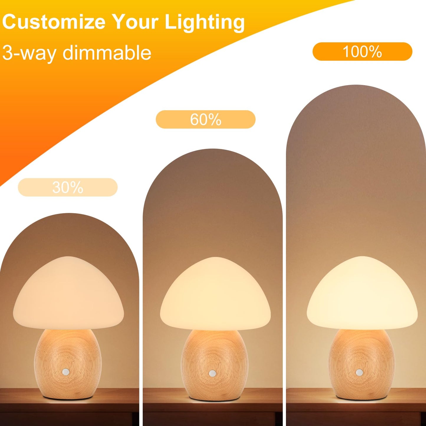 BNYFDC Mushroom Lamp with Touch Control Switch, Small Wooden Table Lamp with Glass Shade, 3 Way Dimmable Nightstand Lamp for Bedroom, G9 LED Bulb Included (Nature Wood&White Shade)
