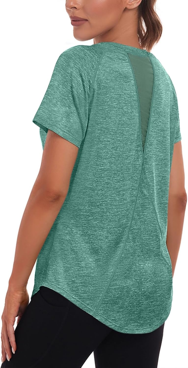 Skiennix Women's Workout Tops - Short Sleeve Dry-Fit Mesh Open Back Gym Tee | Loose Fit Exercise Shirt