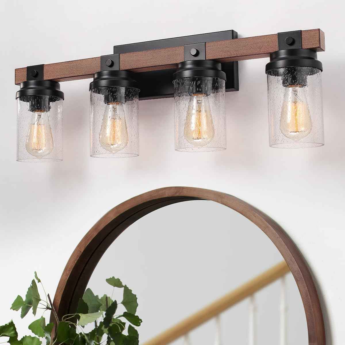 Farmhouse 2-Light Vanity Lights for Bathroom - Rustic Black Wood & Glass Sconces