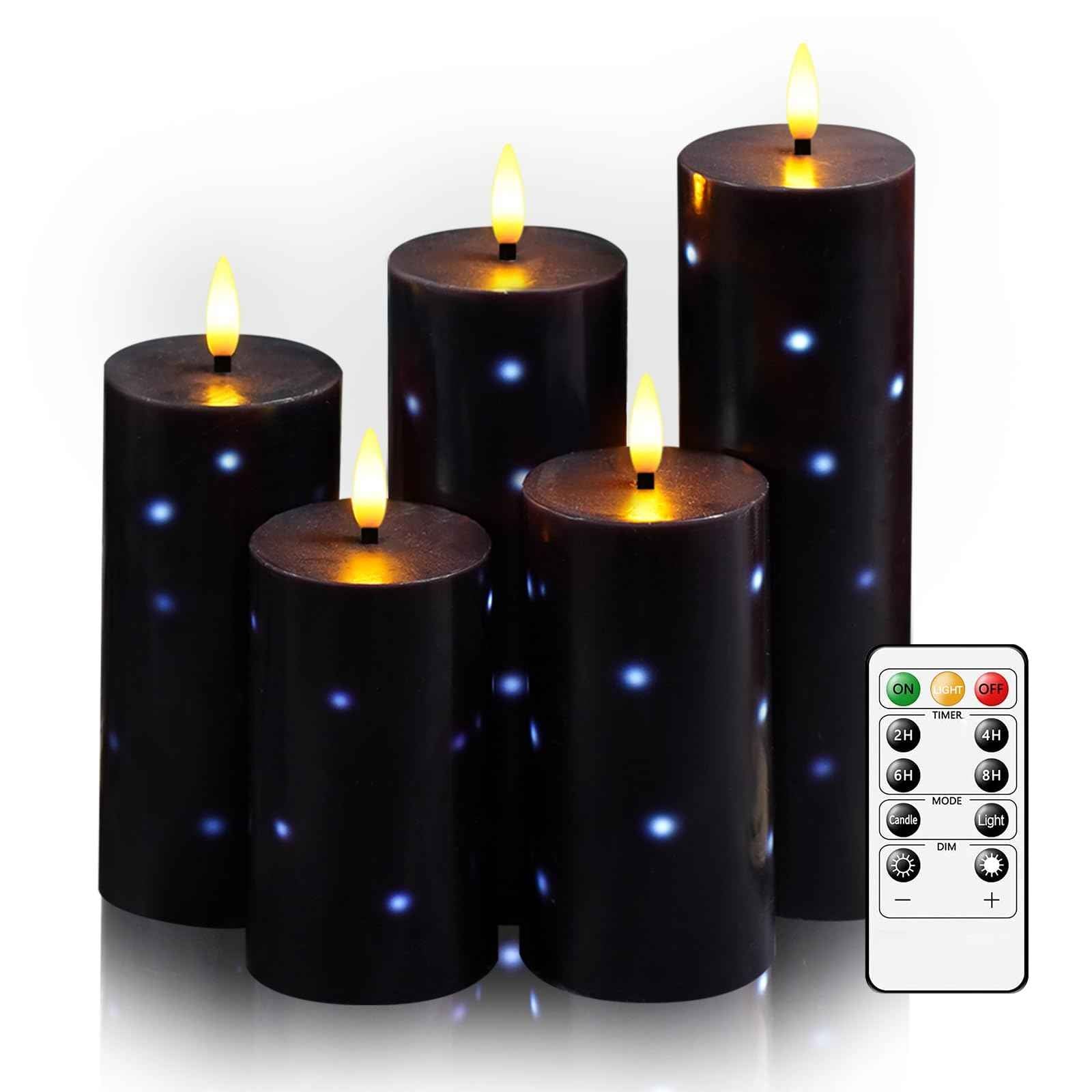 Nimiko Flickering Flameless Candles with Remote Control and Timer Set of 5 Pc Real Wax LED Pillar Candles, Battery Operated Candles（D2.2×H5/5.5"/6"/7"/8"） Halloween Decorations Home Decor （Black）