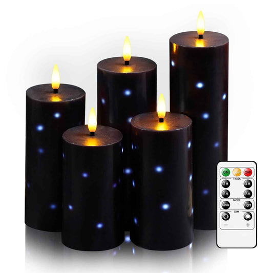 Nimiko Flickering Flameless Candles with Remote Control and Timer Set of 5 Pc Real Wax LED Pillar Candles, Battery Operated Candles（D2.2×H5/5.5"/6"/7"/8"） Halloween Decorations Home Decor （Black）