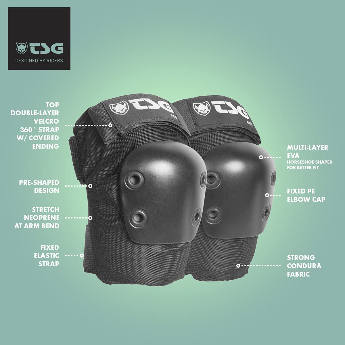 TSG Elbowpad Ace Protective Pads, Hardshell, EVA Foam, PE Elbow Cap, Tear Resistant Nylon, 360 Degree Wrap Strap, Pre Shaped, Horseshoe, Slip On, Pull Over, Skating, Downhill