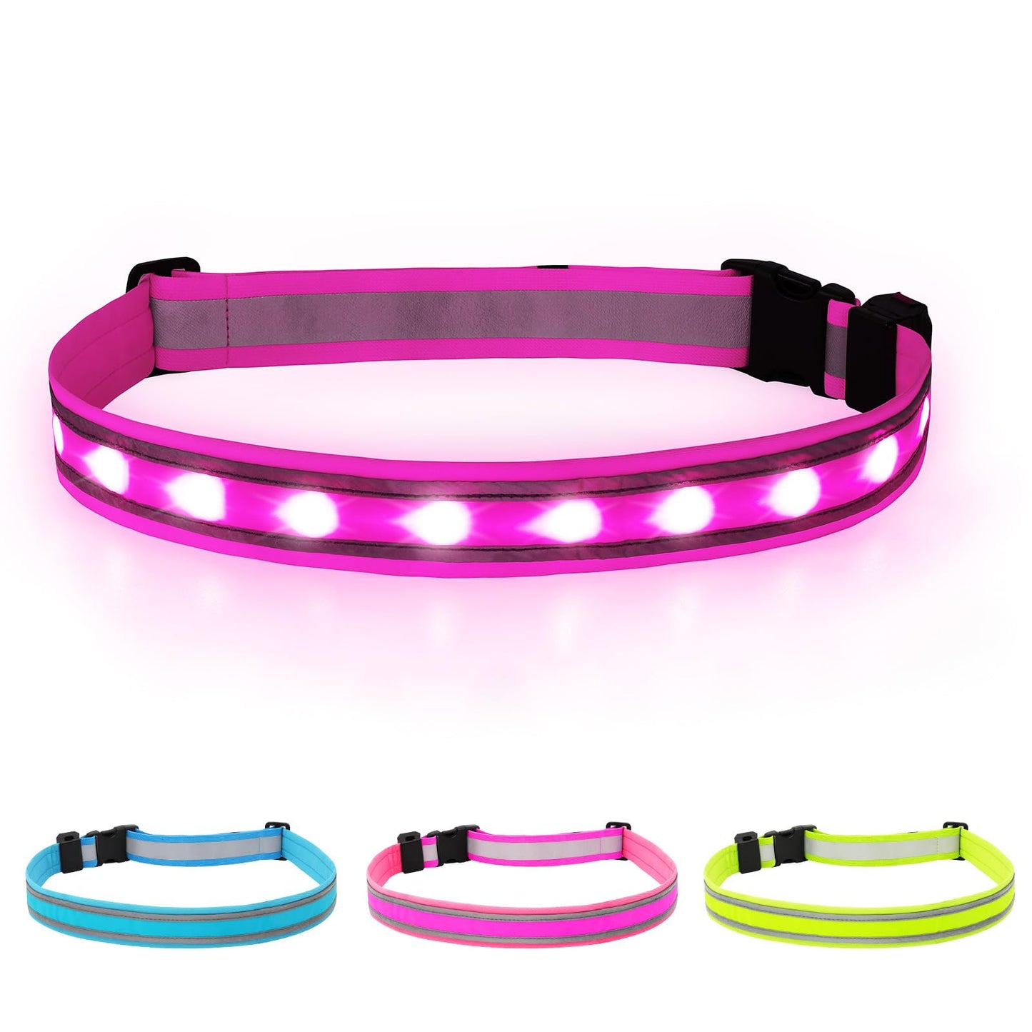 BSEEN LED Running Waist Belt - USB Rechargeable Reflective Glowing LED Waistband, Flashing Safety Light Belt for Runners, Joggers, Walkers, Pet Owners, Cyclists in Candy Pink