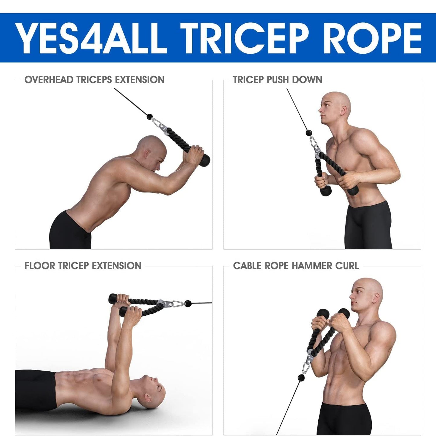 Yes4All Deluxe 27" Red & Black Tricep Rope with Carabiner, Exercise Machine Attachments, Pulley System Pull Down Rope, LAT Cable Attachment for Row Machine & Cable Machine