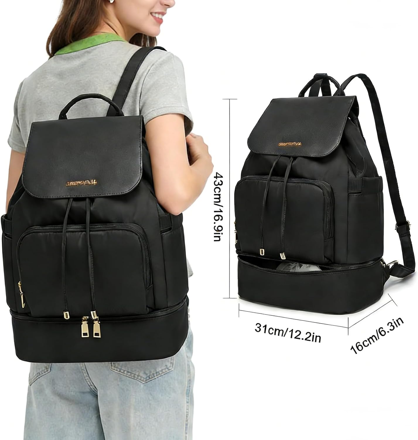 Seyfocnia Gym Backpack for Women - Lightweight Sports Bag with Shoe Compartment | Black