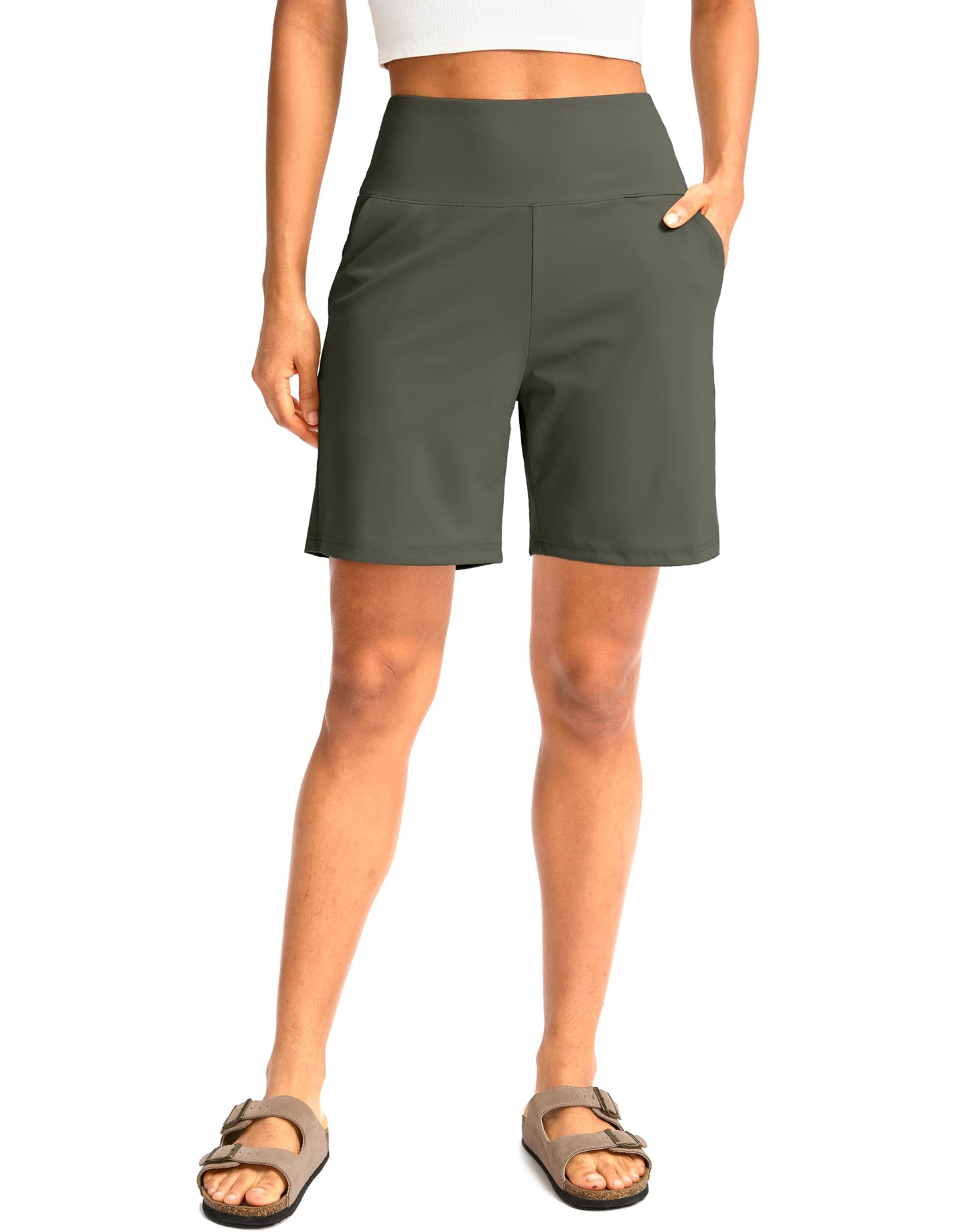 G Gradual Women's Bermuda Long Shorts with Pockets 7" High Waisted Knee Length Shorts for Women Walking Athletic Workout(Grey Sage-L7,3XL)