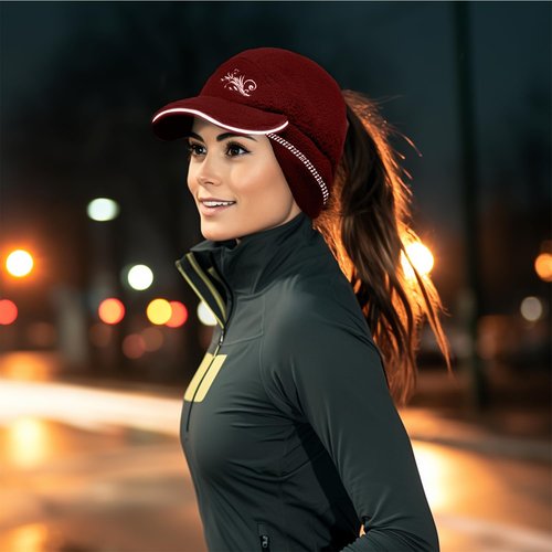 EZPACE Fleece Ponytail Hat for Women with 3M Thinsulate Ear Warmer Running Gear Winter Cold Weather（Burgundy