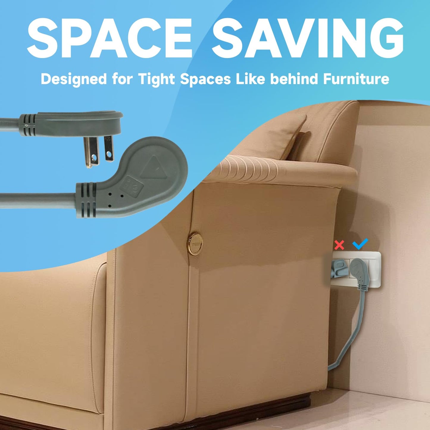 GREATIDE 15 Ft Flat Plug Extension Cord，16/3 SJT Indoor Low Profile 3 Outlets Extension Cable with 45° Angled Flat Plug, Multiple Outlets Extension Cord, Grey