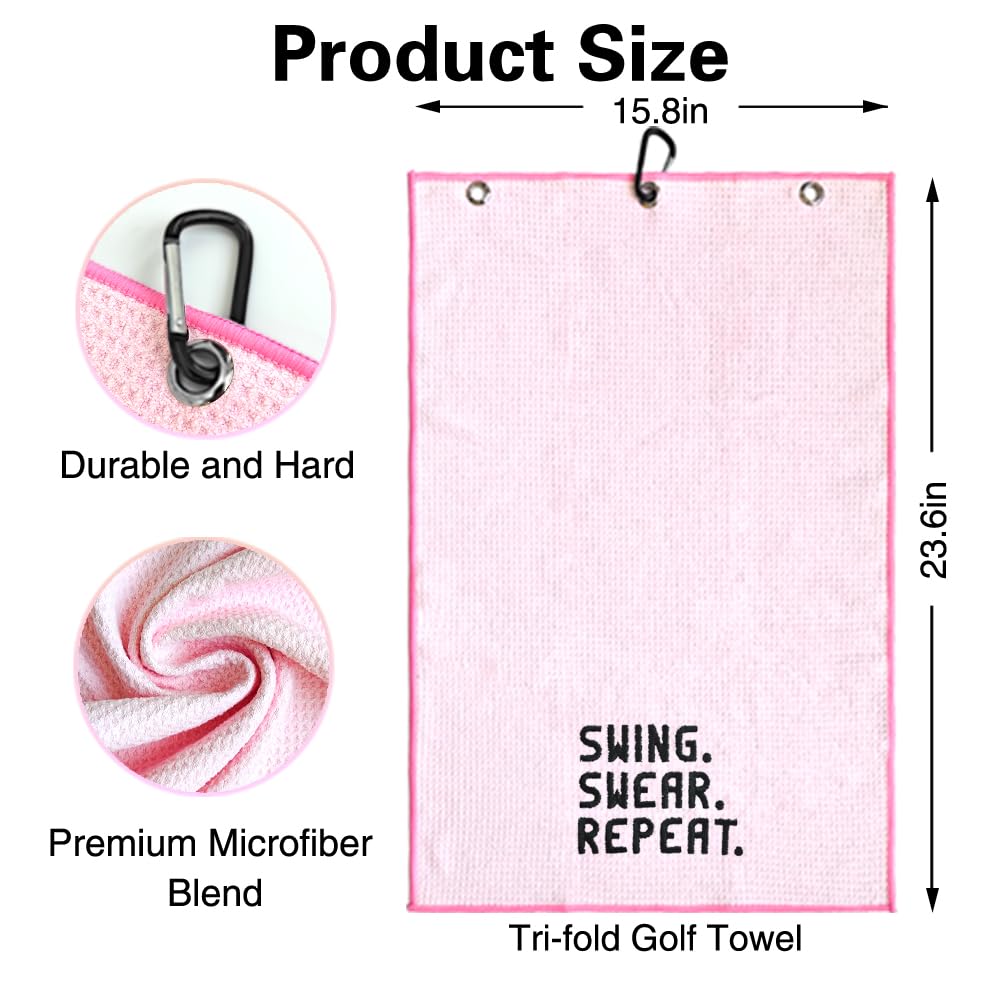 WUUCKOO Swing Swear Repeat Embroidered Pink Golf Towel, Funny Towels for Golf Bags with Clip, Mother Day Retirement Birthday Gifts for Grandma Mom Sister Aunt Golfer Sport Lover, Ladies Golf Towel