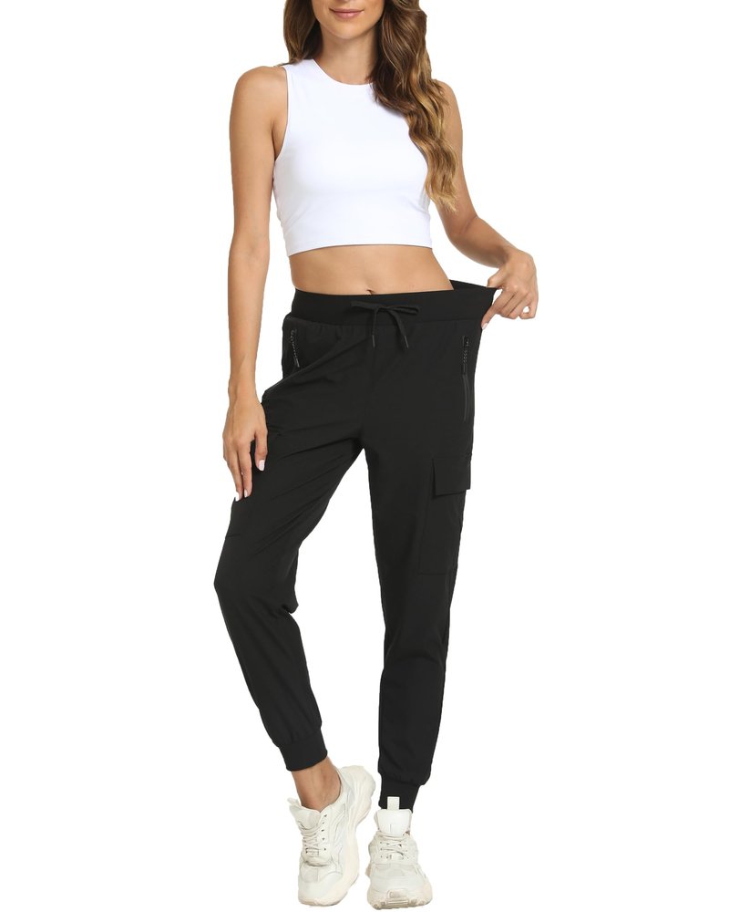 Women's Joggers with Pockets Lightweight - Water Resistant Quick Dry Cargo Athletic Pants for Hiking Running Camping Travel (Black, Large)