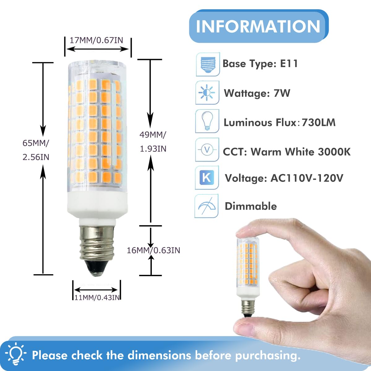 ZSSXOLED E11 LED Bulb 7W Dimmable E11 Mini Candelabra Base 75W Halogen Equivalent, T3/T4 JD E11 LED Light Bulb for Chandelier Cabinet Ceiling Fan Decorative Lighting Warm White 3000K (Pack of 2)